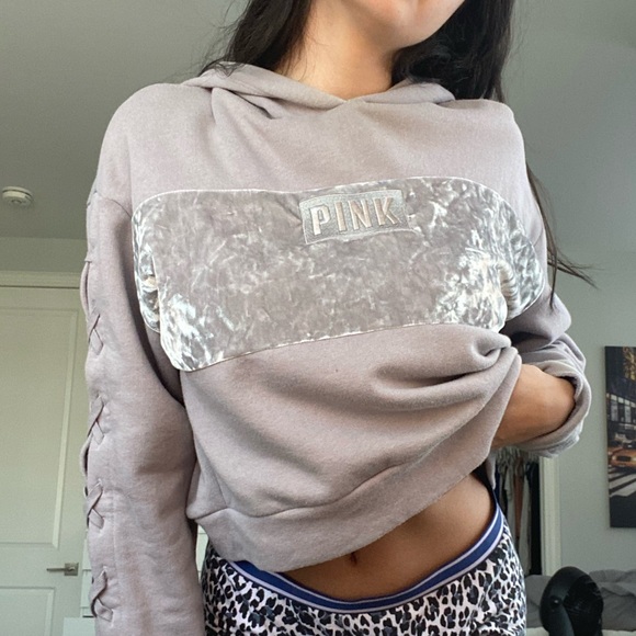 PINK Cropped Velvet Hoodie with Cross Hatches - Picture 1 of 3